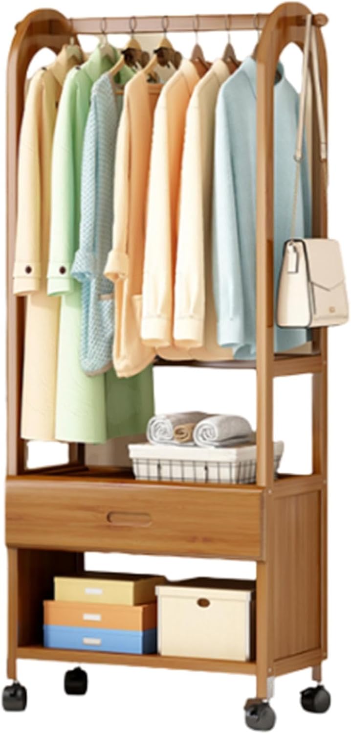 Heavy Duty Bamboo Rolling Clothes Rack with Drawer & Wheels, Freestanding Garment Hanging Rack for Entryway, Living Room & Bedroom - 50cm