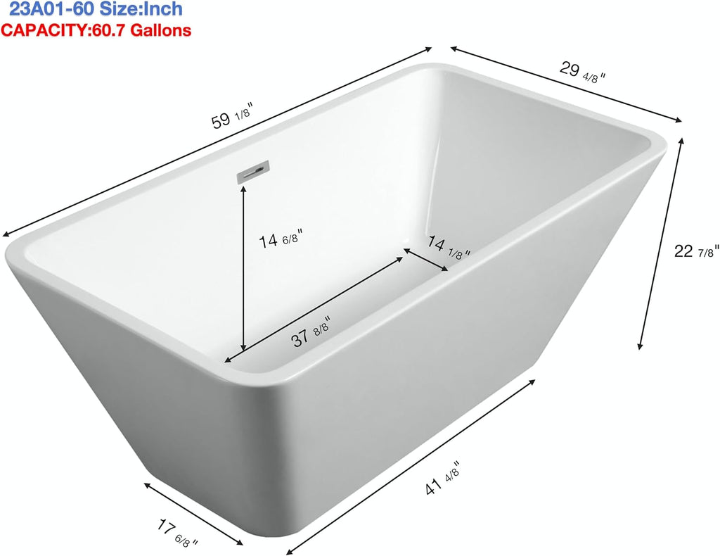 Acrylic Freestanding Bathtub Contemporary Soaking White Tub with Brushed Nickel Overflow and Drain, cUPC Certified - 59 * 29.52 23A01-60