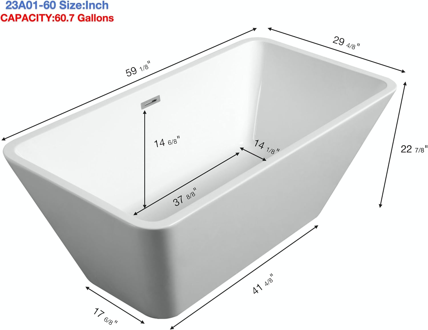 Acrylic Freestanding Bathtub Contemporary Soaking White Tub with Brushed Nickel Overflow and Drain, cUPC Certified - 59 * 29.52 23A01-60
