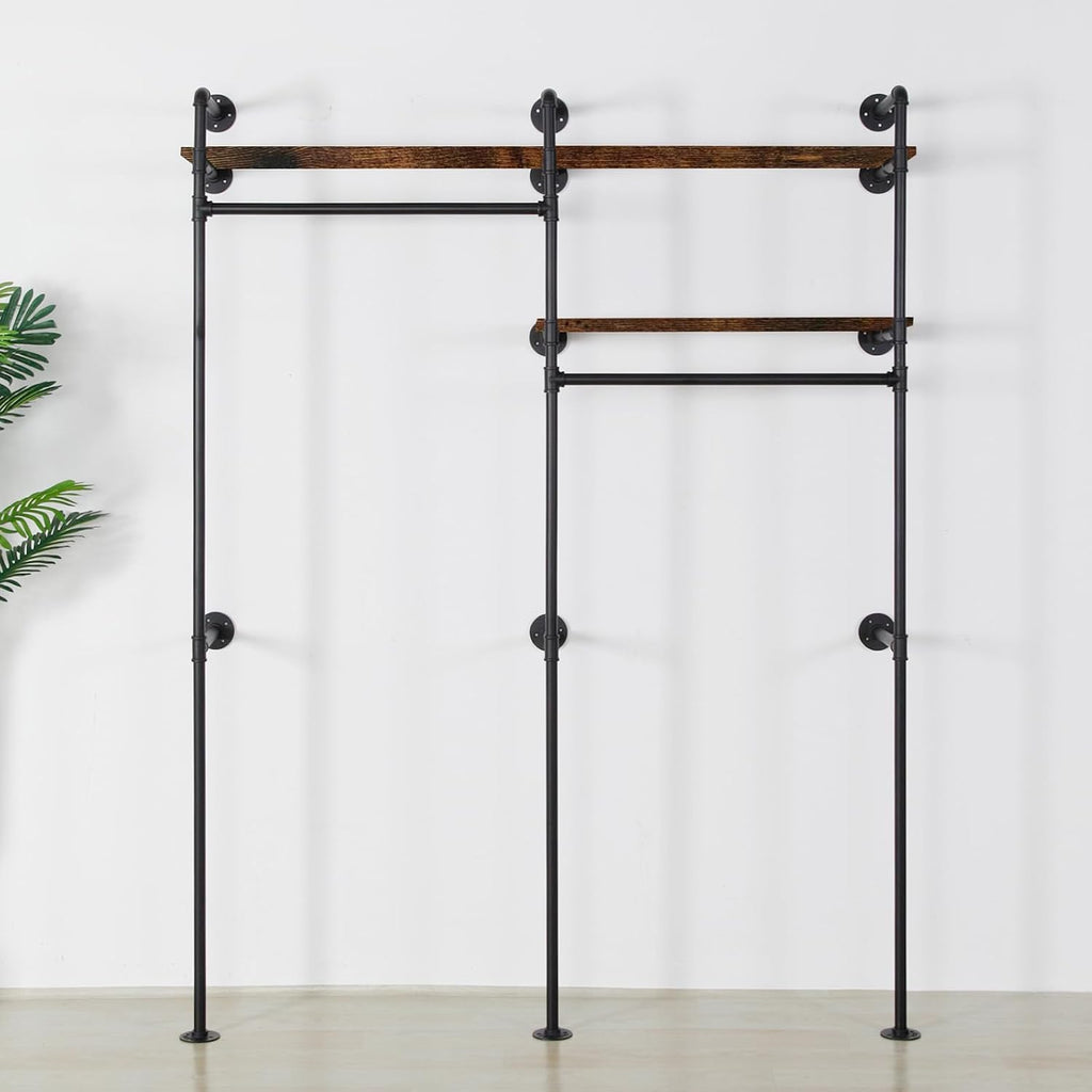 Industrial Pipe Clothing Rack - Black Wall Mounted Clothes Rack with 2 Hanging Rods & 2 Wooden Shelves, Closet Organizers and Storage for Retail Store, Bedroom (79.5 x 59in)