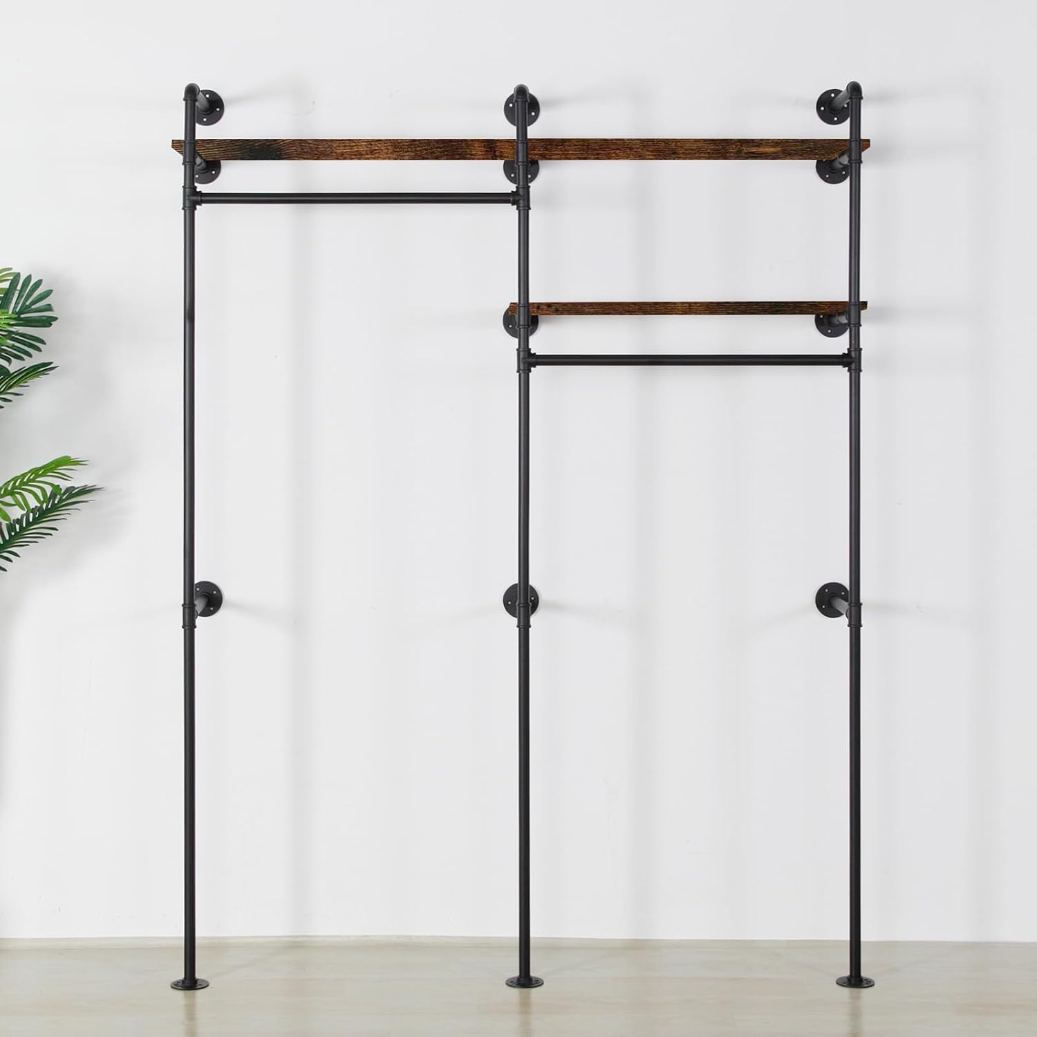 Industrial Pipe Clothing Rack - Black Wall Mounted Clothes Rack with 2 Hanging Rods & 2 Wooden Shelves, Closet Organizers and Storage for Retail Store, Bedroom (79.5 x 59in)