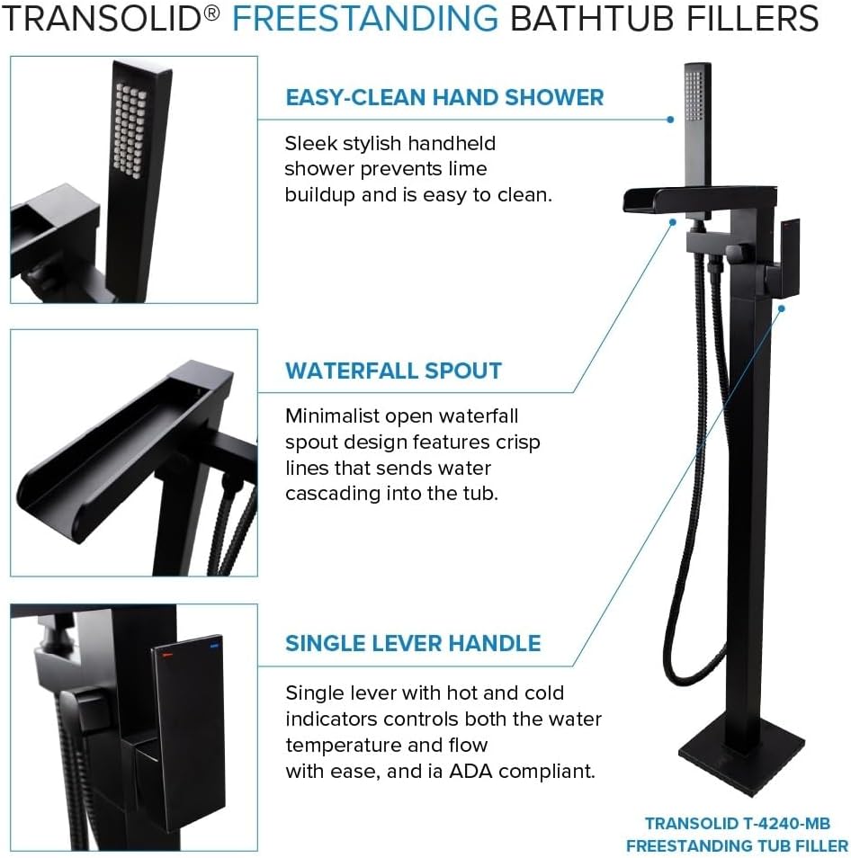 Transolid Skylar Freestanding Oval Soaking Bathtub Kit 59 in. x 31 in. Gloss White with Peyton T4240-MB Matte Black Floor-Mount Faucet, Color-Matched EZ-Click Center Drain and Bath Pillow