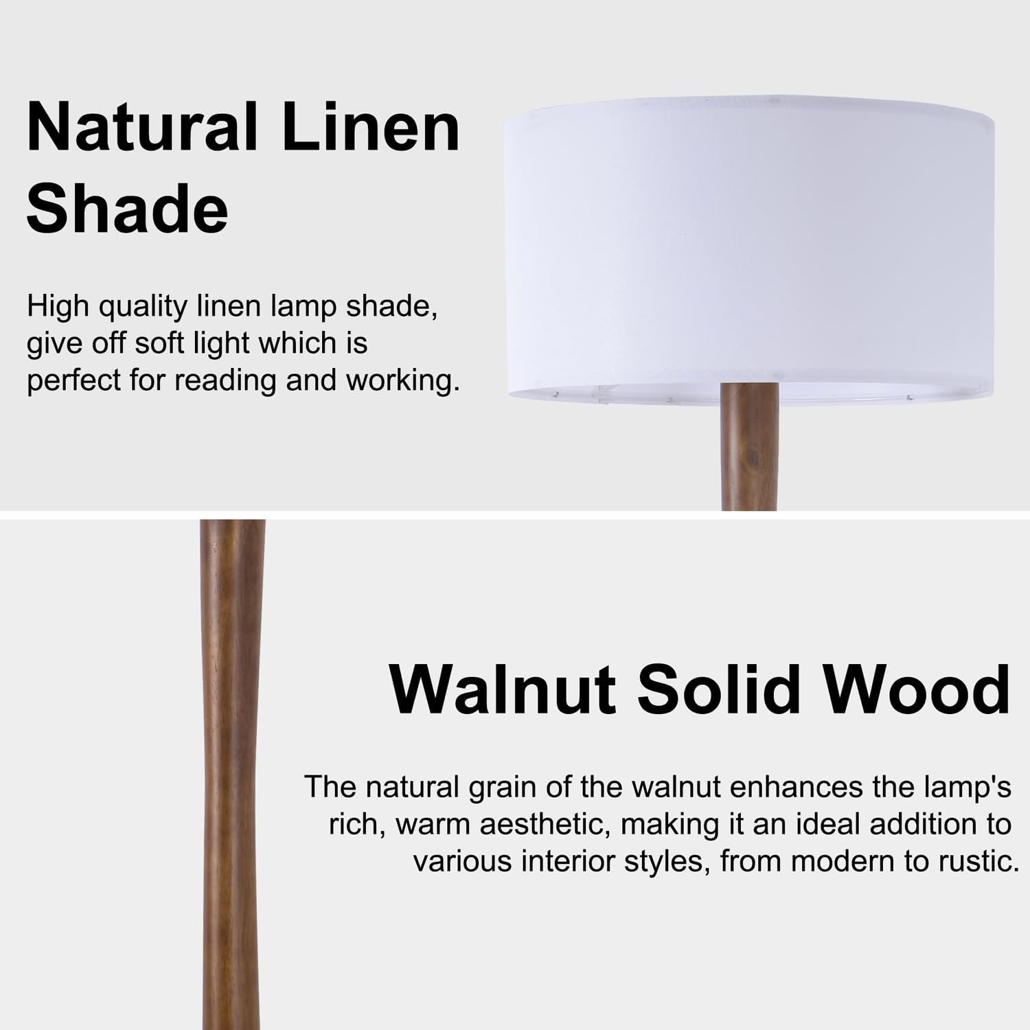 62' Tall Rustic Wood Floor Lamp for Living Room, Farmhouse Walnut Wood Floor Lamps with Linen Shade for Reading, UL Listed Stand Lamps with Woods Base for Bedroom, Corner, Office, White Shade