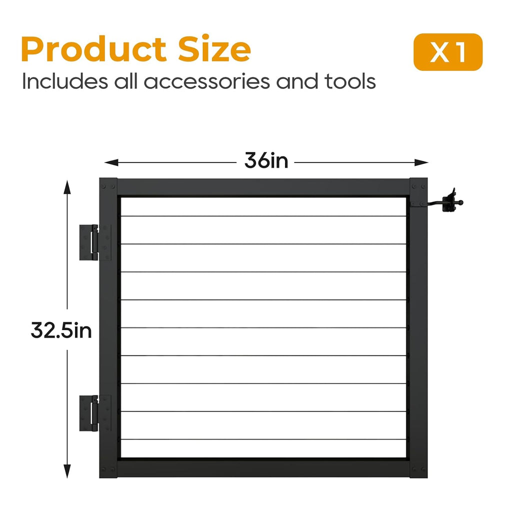 Aluminum Cable Railing Gate 32.5' Height | Adjustable up to 36' Wide Black Powder-Coated Railing Gate with with Patented Pre-install Cable Railing Kit