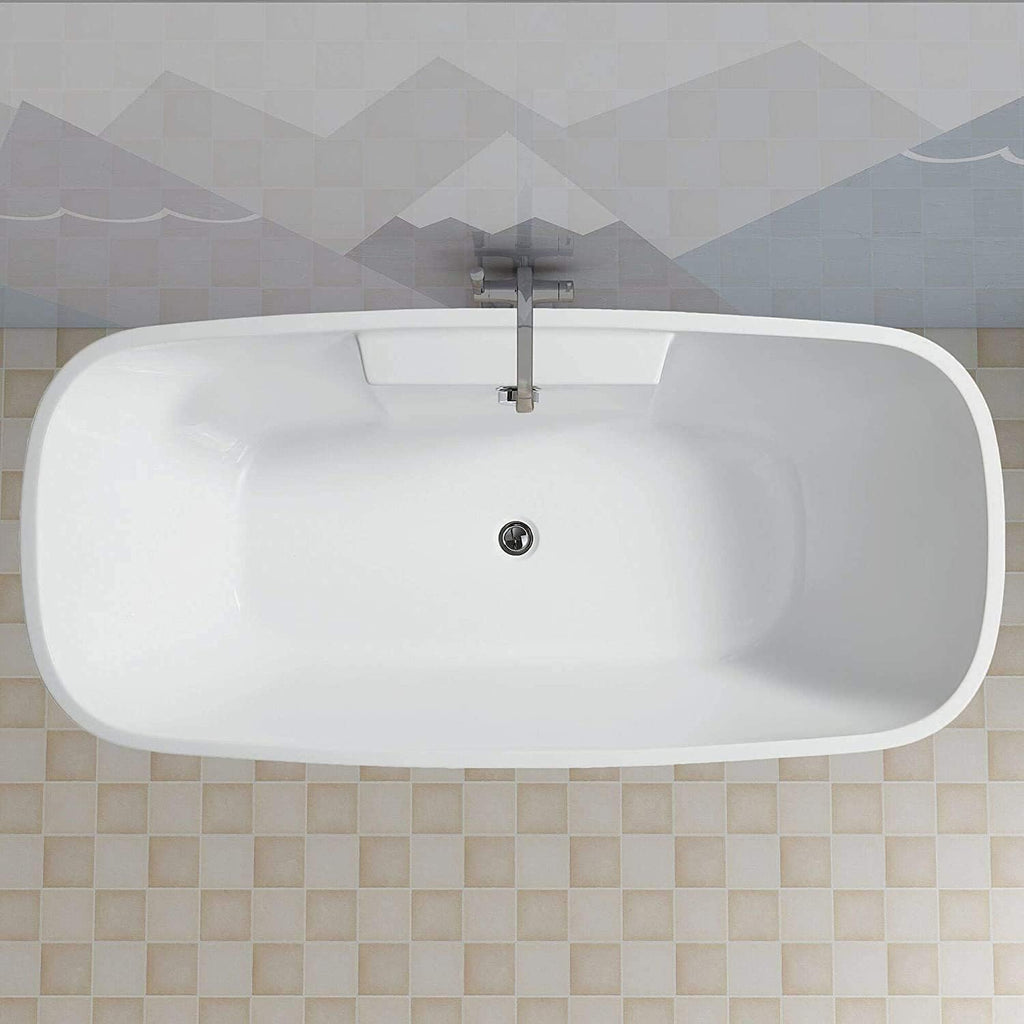 Vanity Art Freestanding White Acrylic Bathtub Modern Stand Alone Soaking Tub with Polished Chrome UPC Certified Round Overflow and Pop-up Drain (67' x 31') VA6835L