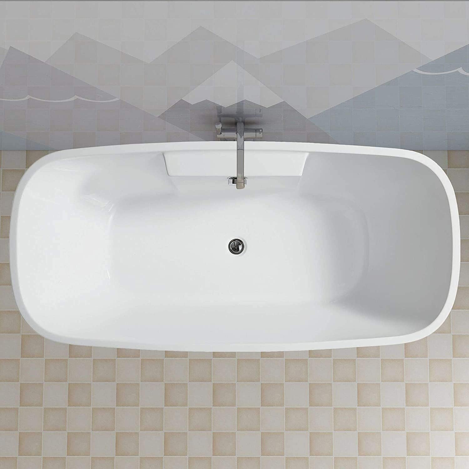Vanity Art Freestanding White Acrylic Bathtub Modern Stand Alone Soaking Tub with Polished Chrome UPC Certified Round Overflow and Pop-up Drain (67' x 31') VA6835L
