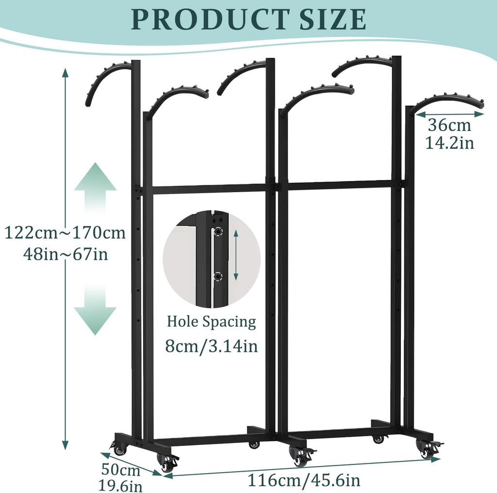 6 Way Heavy Duty Garment Racks with Wheels, Adjustable Height Retail Clothing Rack from 48' to 67', for Boutique Shops Large Retail Stores and Home Storage,Black