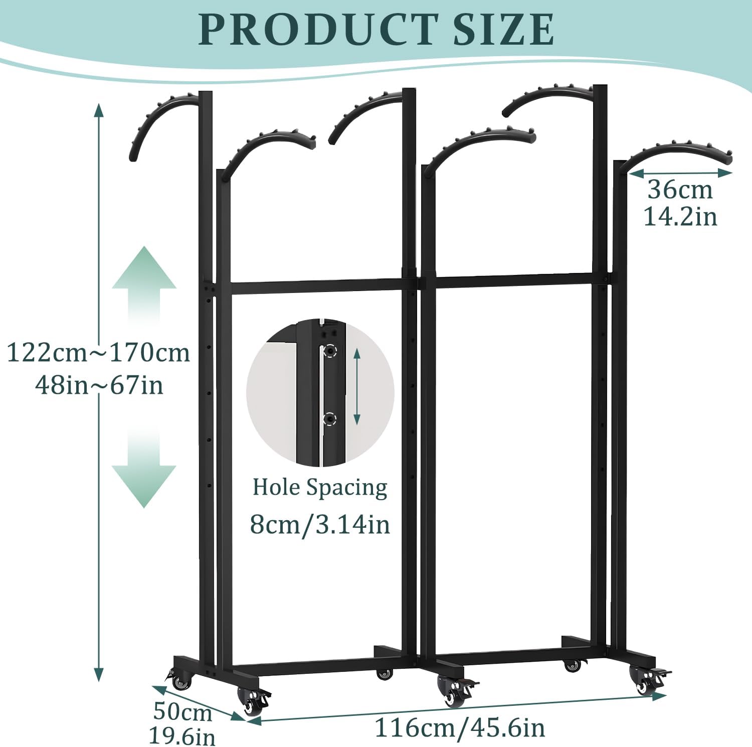 6 Way Heavy Duty Garment Racks with Wheels, Adjustable Height Retail Clothing Rack from 48' to 67', for Boutique Shops Large Retail Stores and Home Storage,Black