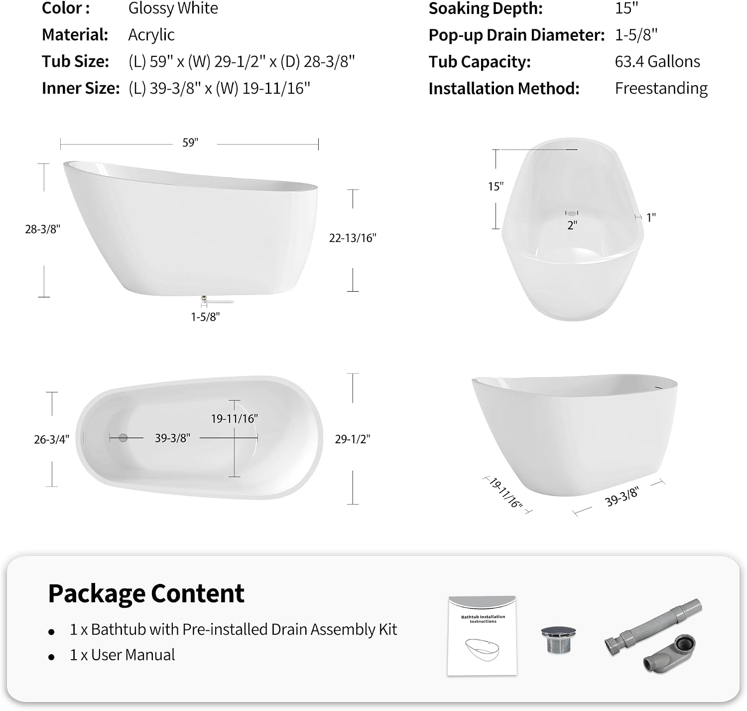 ABRUZZO 59'x27.56' Acrylic Freestanding Bathtub Contemporary Soaking Tub with Chrome Overflow and Drain High-Gloss White Finish cUPC Certified