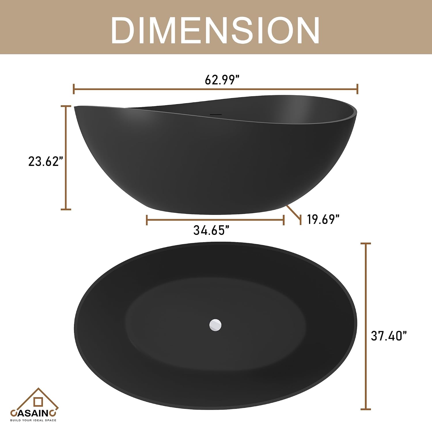 CASAINC 63' Free Standing Tub, Matte Black Stone Resin Freestanding Bathtub Solid Surface Soaking Tub with Drain, Drain Hose & Sanding Paper