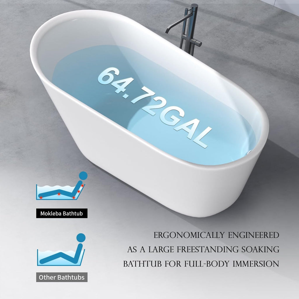 65' Acrylic Freestanding Bathtub, Single Slipper Free Standing Tub, Soaking Tub with Integrated Slotted Overflow, Toe-Tap Chrome Drain, cUPC Certified, Glossy White