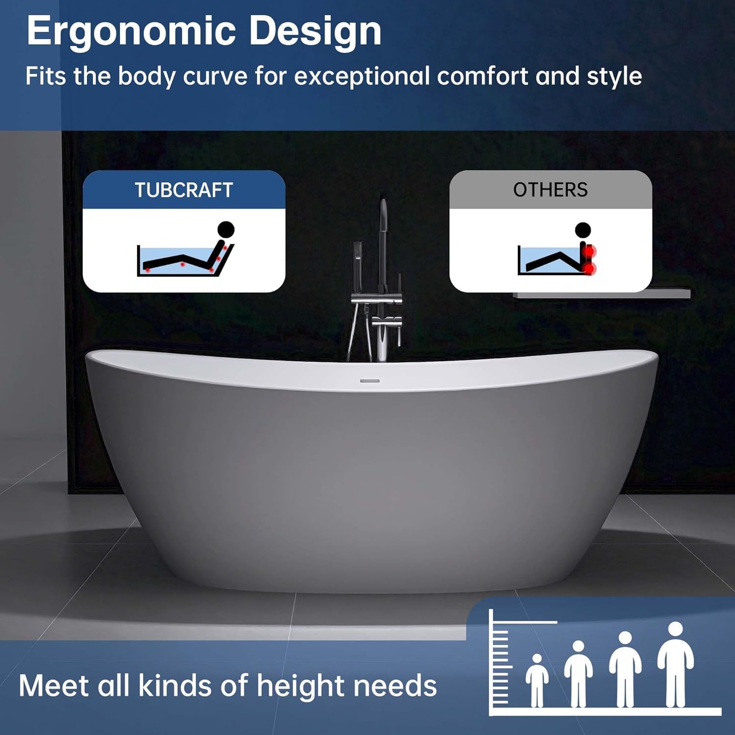 65' Stone Resin Freestanding Bathtub, Elegant Oval Design, Solid Surface Bathtub, Stand Alone Bathtub with Drain and Overflow,Matte White