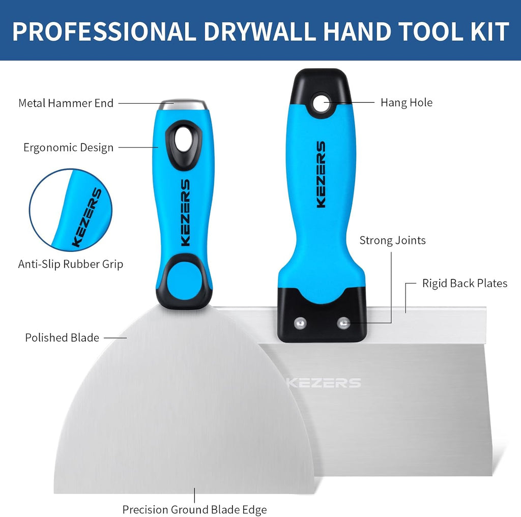 KEZERS Drywall Tool Kit 8-Piece Skimming Blade Set with Extension Handle – 5 Putty/Taping Knives (4'-12') & 5 Skimming Blades (12'-32') for Drywall, Plaster, and Compound Work