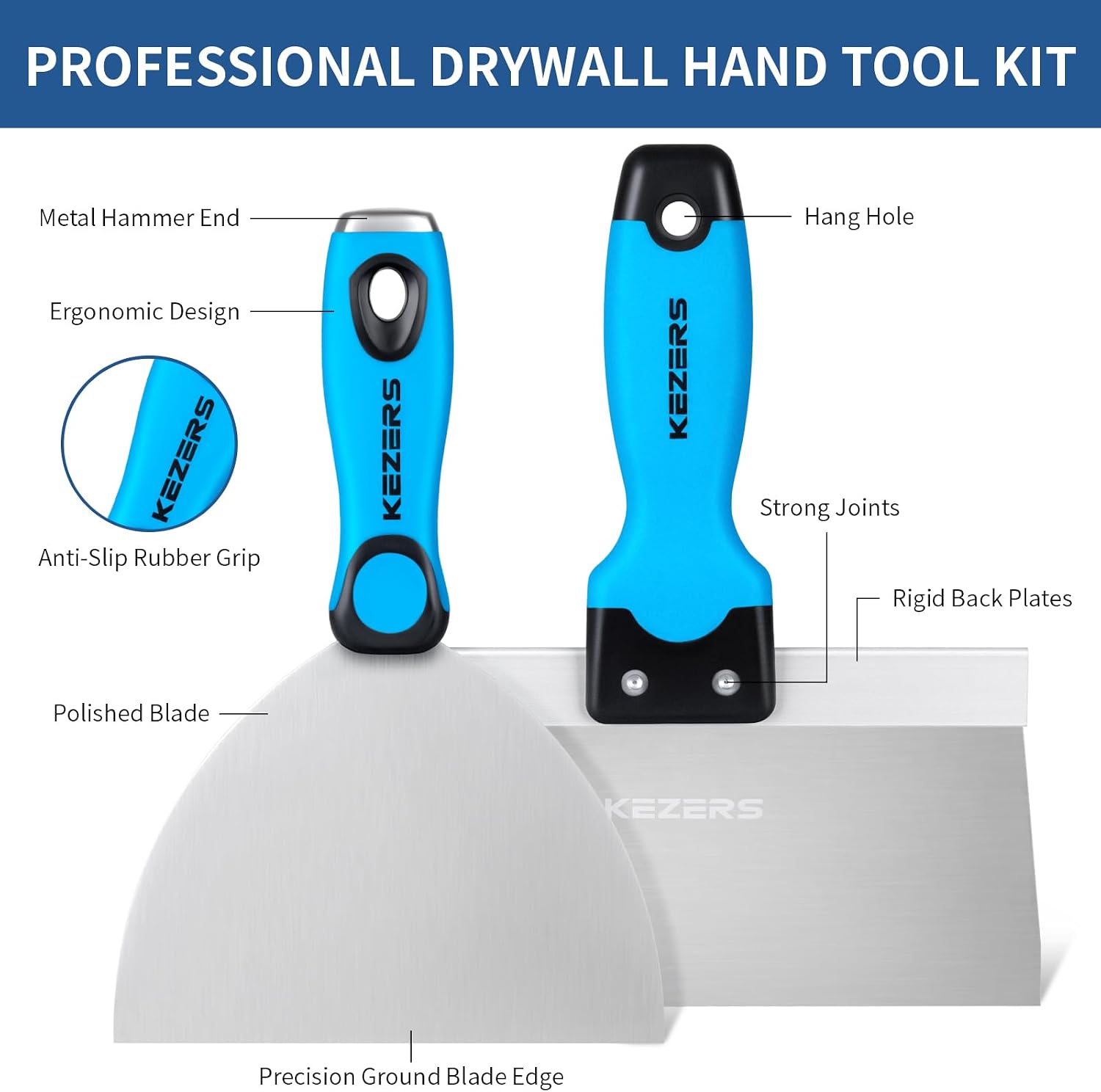 KEZERS Drywall Tool Kit 8-Piece Skimming Blade Set with Extension Handle – 5 Putty/Taping Knives (4'-12') & 5 Skimming Blades (12'-32') for Drywall, Plaster, and Compound Work