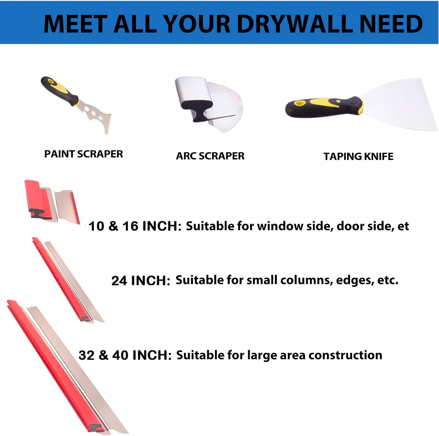 Drywall Tools Skimming Blade with 9 inch Compound Roller - 10', 14', 24'& 32' 40' Blades with 2 Pack 0.3 mm Blades,Taping Knife, Arc Scraper, Construction Tools