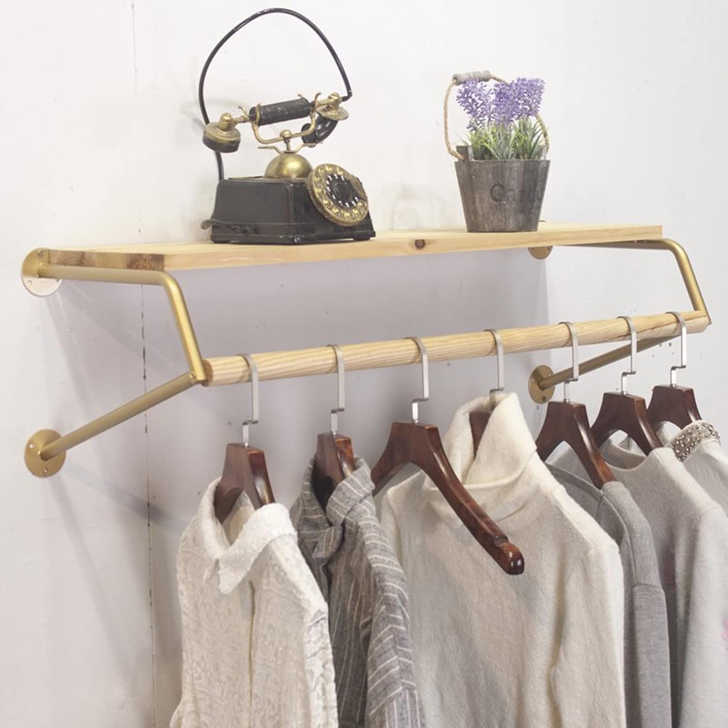 Industrial Pipe Clothing Rack, Display Garment Rack, Wall Mounted with Wooden Shelf Heavy Duty Clothes Hanging Rod Bar for Closet Storage, Space-Saving (Size : 60cm)