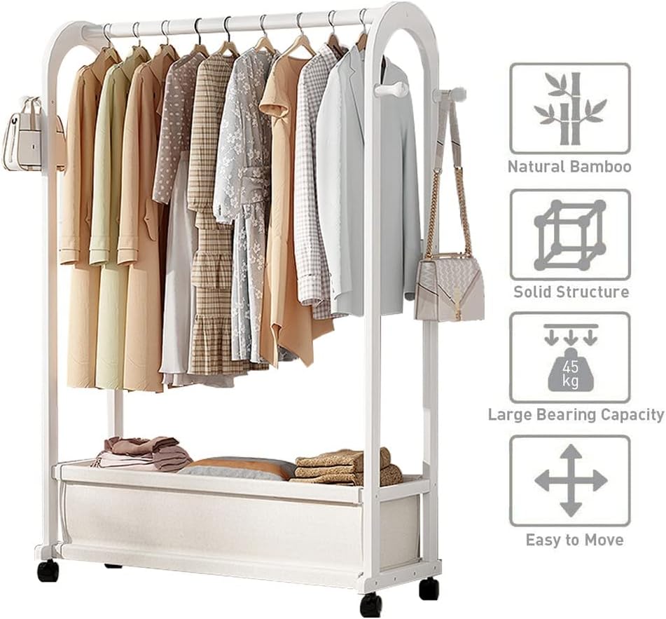 Heavy Duty Clothes Rail with Wheels and Dust Cover, Bamboo Garment Rack with Shelves, for Bedroom Home (White 50x32x165cm)