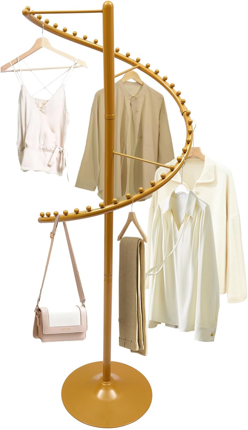 JOMCYDM Spiral Rotating Clothing Rack Heavy Duty Garment Rack Standing Scarf Holder 360 ° Metal Clothes Display Rack for Bedroom Living Room Retail Stores Gold