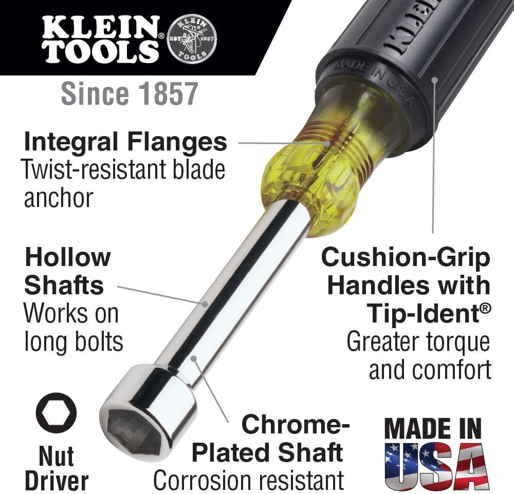 Klein Tools 631 Tool Set, Nut Driver Set w/Hex Nut Sizes 3/16, 1/4, 5/16, 11/32, 3/8, 7/16 & 5144BHB14OS Hard-Body Bucket, Aerial Oval Tool Bucket with Drain Holes, 29 Pockets