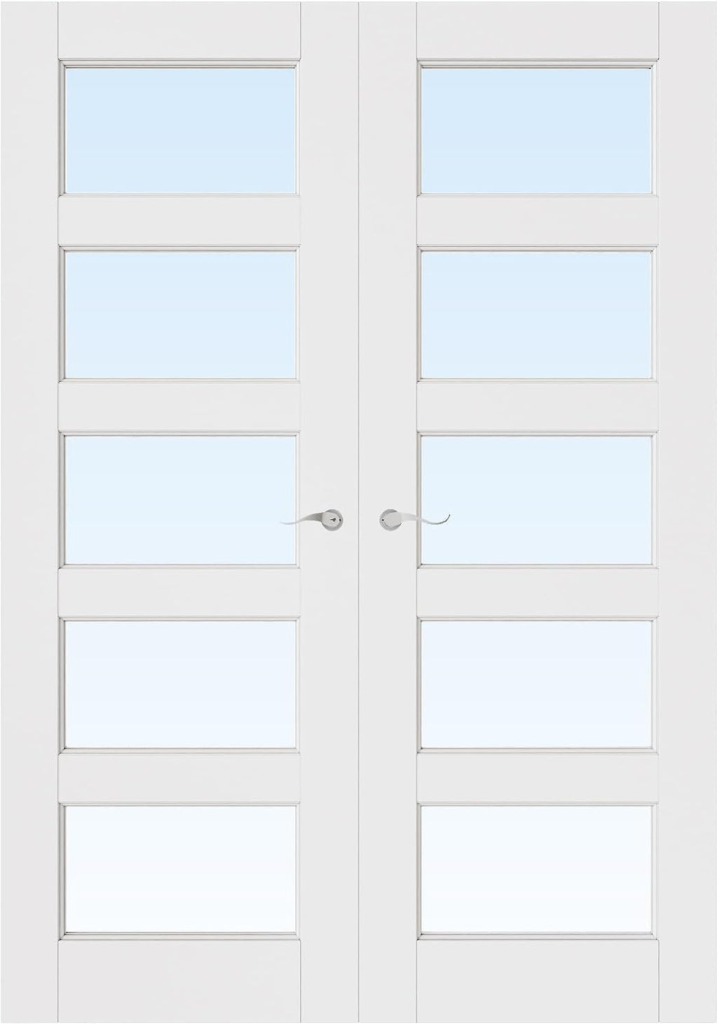 French Door 56' x 80' (Double 28' x 80') 5-Lite Clear Glass Door Slabs with Pre-Hung Jamb, Silver Hinges, Levers and Latch, White Primed, French Interior Doors with Frame, Swing Double Bedroom Doors