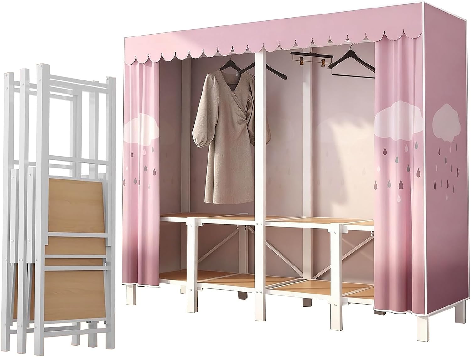 Foldable Portable Closet with Cover, Heavy Duty Armoire Wardrobe, 67.7 in Covered Clothes Rack, Storage Garment Racks for Hanging Clothes(D,220cm/86.6in)