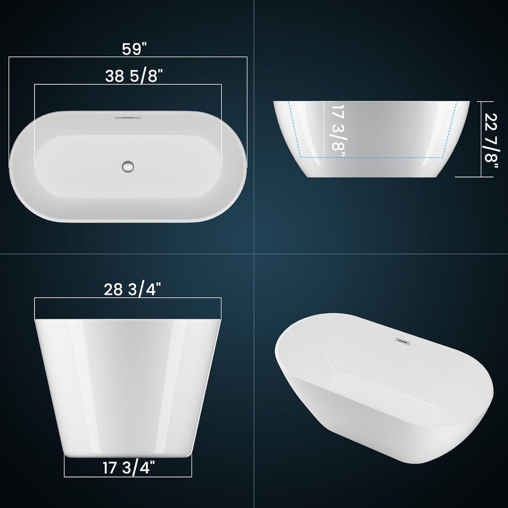 59' Acrylic Freestanding Soaking Bathtub, Free Standing Tub, Stylish Stand Alone Contemporary Soaking Tub with Integrated Overflow and Drain In Chrome, cUPC Certified