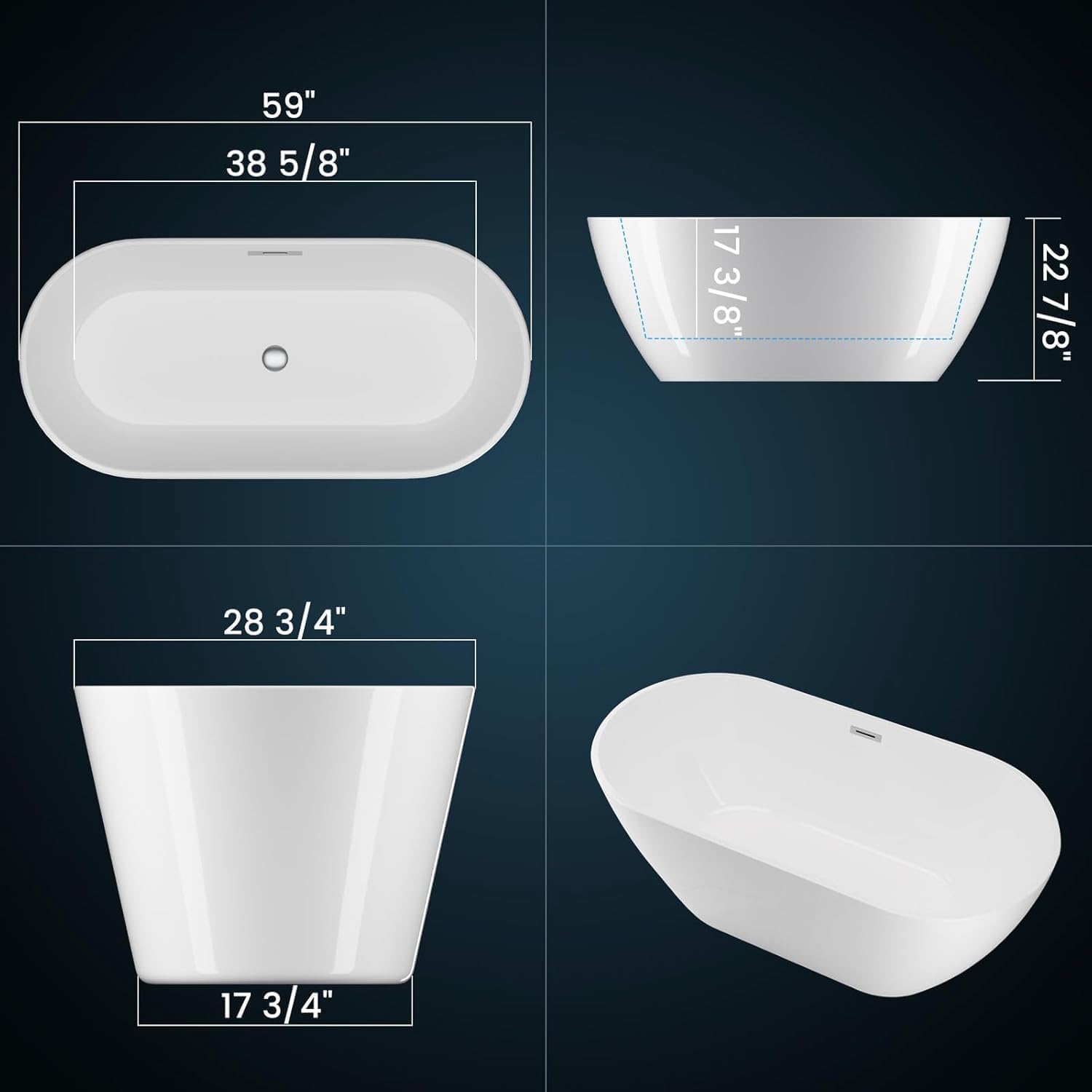59' Acrylic Freestanding Soaking Bathtub, Free Standing Tub, Stylish Stand Alone Contemporary Soaking Tub with Integrated Overflow and Drain In Chrome, cUPC Certified