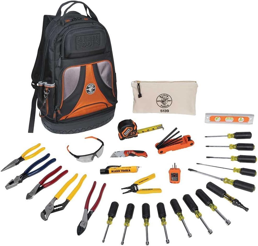 Klein Tools 80028 Hand Tools Kit includes Pliers, Screwdrivers, Nut Drivers, Backpack, and More Jobsite Tools, 28-Piece & 80019 Tool Set, Multi-Bit Screwdriver and Nut Driver Tool Kit, 4-Piece