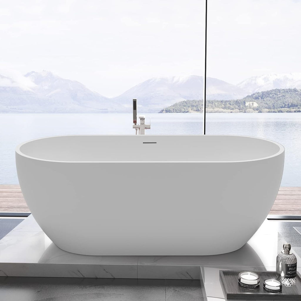 62' Acrylic Freestanding Bathtub, Double Ended Free Standing Tub, Soaking Tub with Integrated Slotted Overflow, Toe-Tap Chrome Drain, cUPC Certified, Glossy White