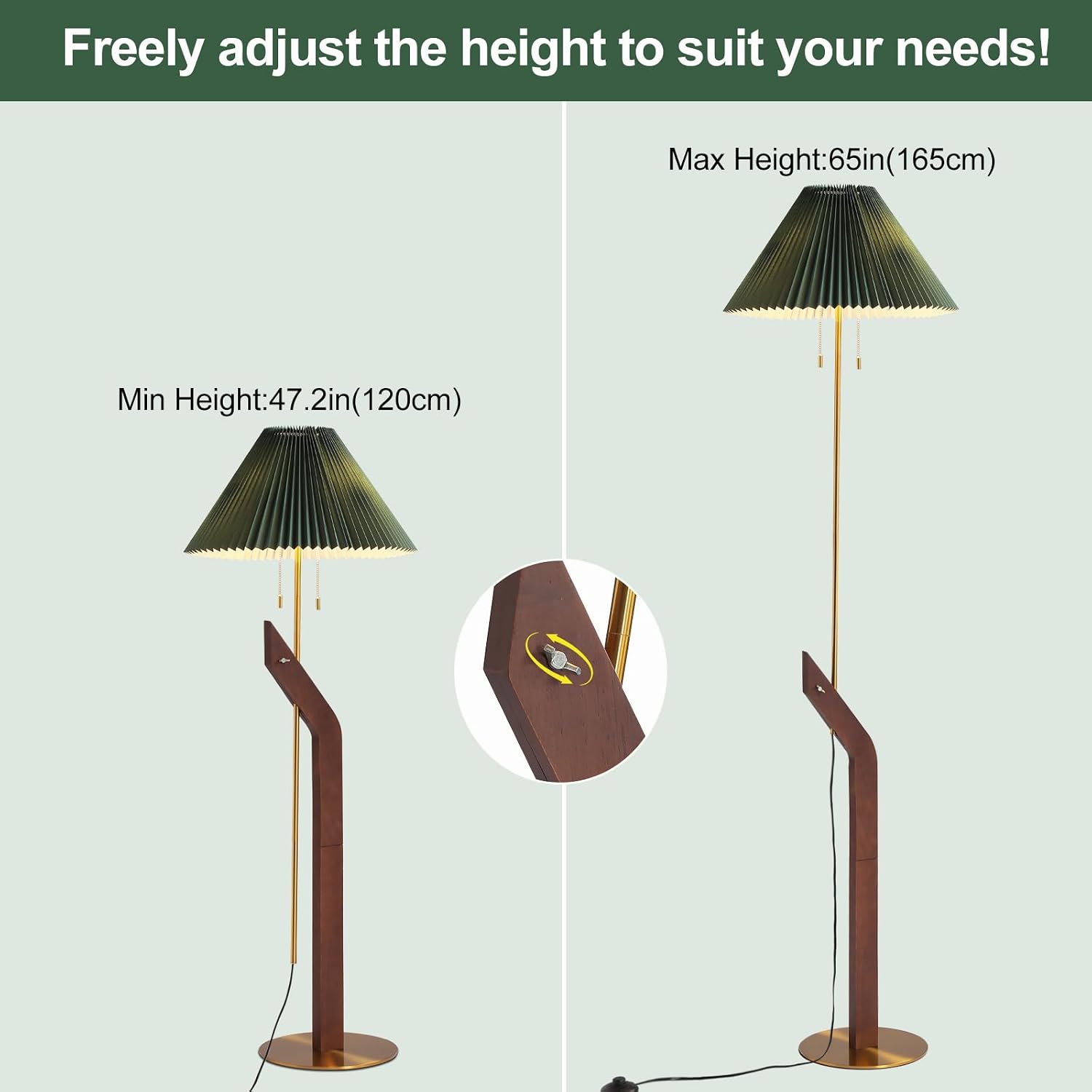 Floor Lamps for Living Room,Mid Century Modern Wood Floor Lamp | Height Adjustable, Tall Standing Dual Lamp Heads, Gold Finish, Living Room Bedroom Office Study Room