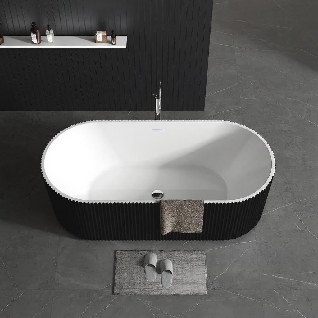 Freestanding Bathtub 59-inch,Acrylic Soaking Tub with Overflow Drain, CUPC Certified Thickened Design Glossy Black for Modern Bathroom