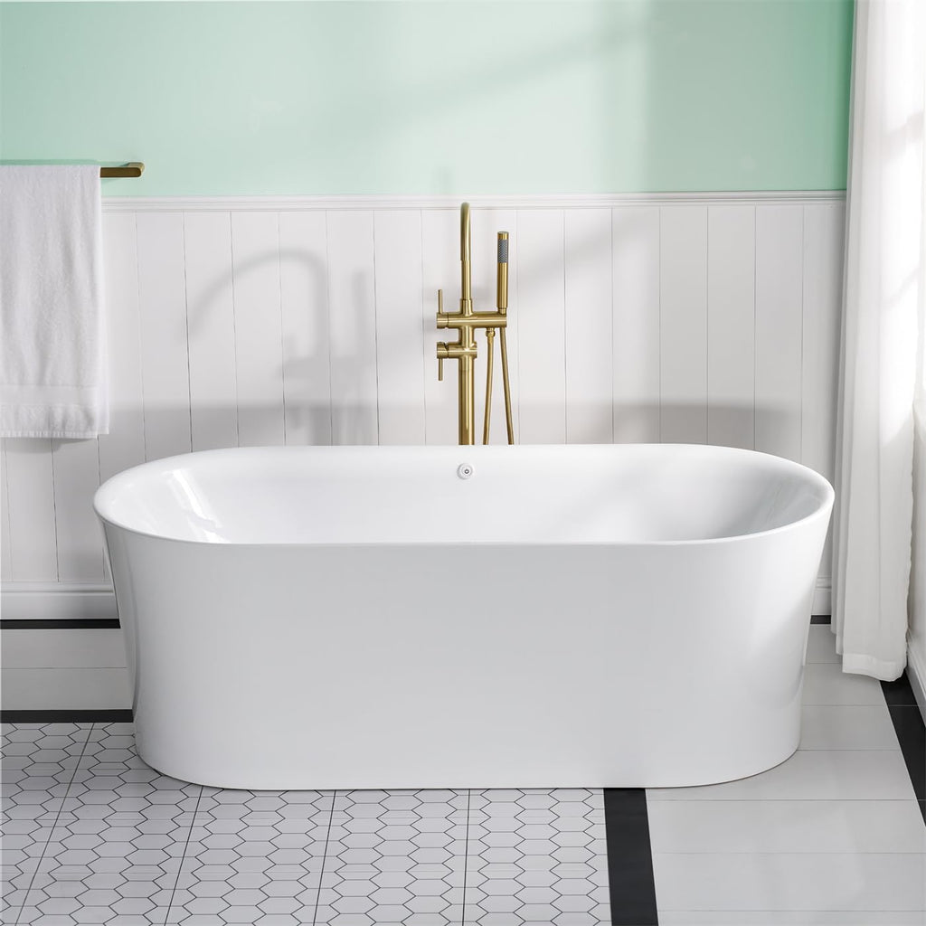 WELLFOR 67' Freestanding Acrylic Bathtubs, Air Bubble Freestanding Soaking Tub, 87 Gallons, Massage bathtub with Romantic LED Lighting/Chrome Bathtub Drain and Groove Overflow, Glossy Whtie