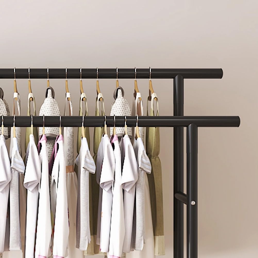 Double Rods Multi-Functional Bedroom Clothing Rack with 2-Tier Storage Shelf, Heavy Duty Metal Garment Rack for Hanging Clothes, Coats, Skirts, Shirts