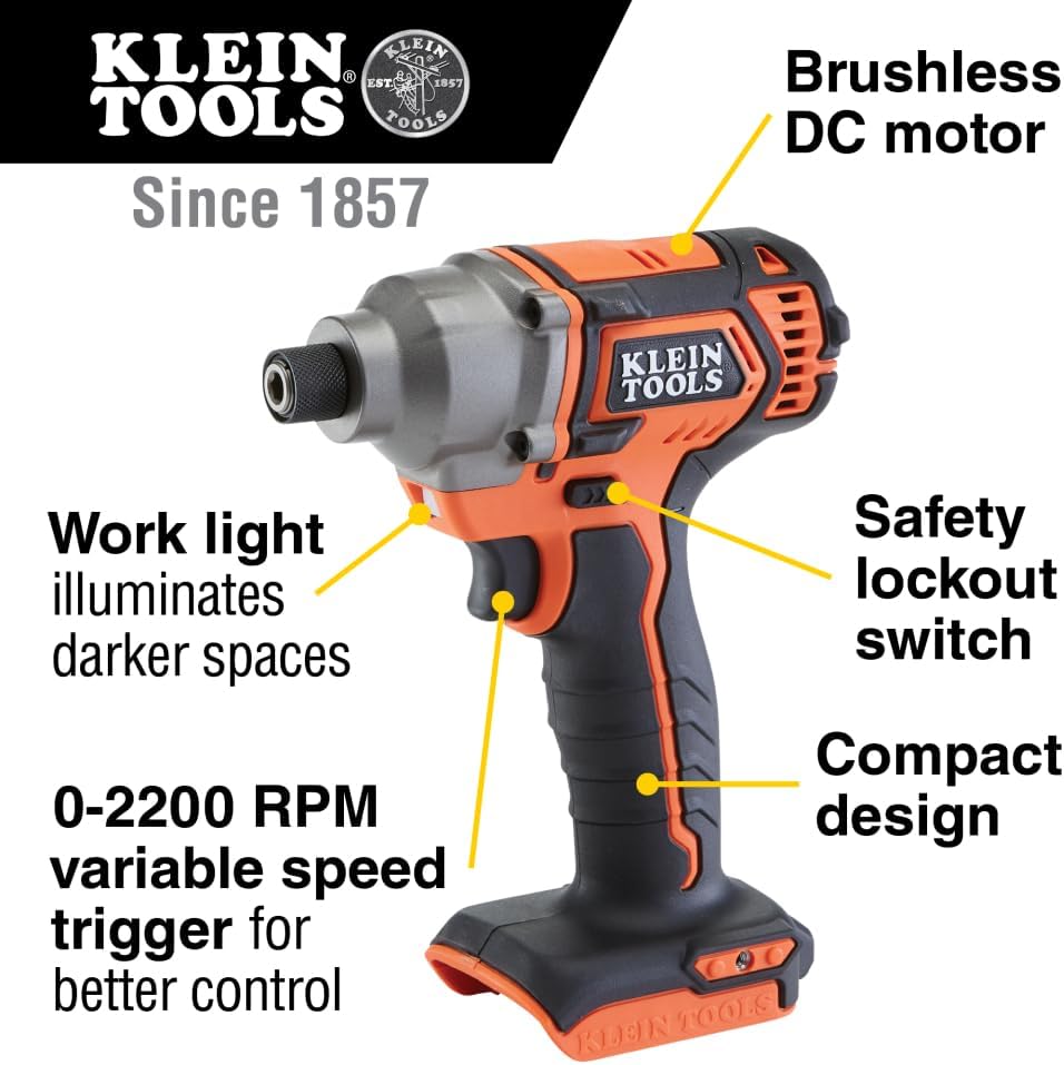 Klein Tools BAT20CD 20V Battery-Operated 1/4-Inch Impact Driver, Compact Design for Excellent Control in Tight Spaces (Tool Only)