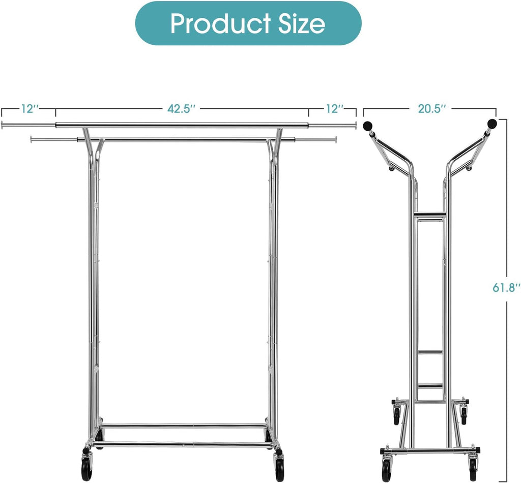 Auledio Clothes Garment Rack, Commercial Grade Clothes Rolling Heavy Duty Storage Organizer on Wheels with Adjustable Clothing Rack, Holds up to 250 lbs, Chrome (Two Heads)