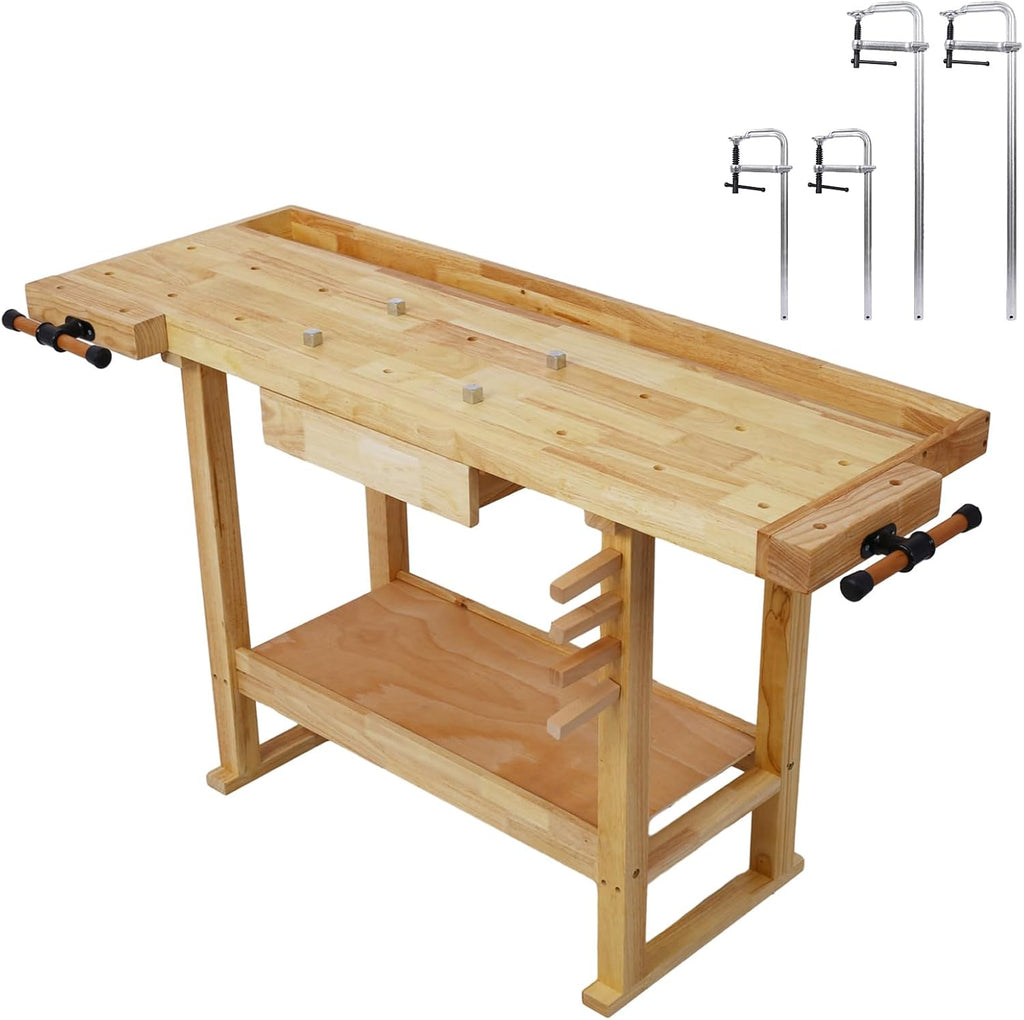 Gecheer 55-Inch Wooden Workbench for Garage, Workshop, or Home – Rubberwood Table with Bar Clamps (2x12 + 2x24), Drawers, Shelves, and Adjustable Handles – Holds Up to 330 lbs