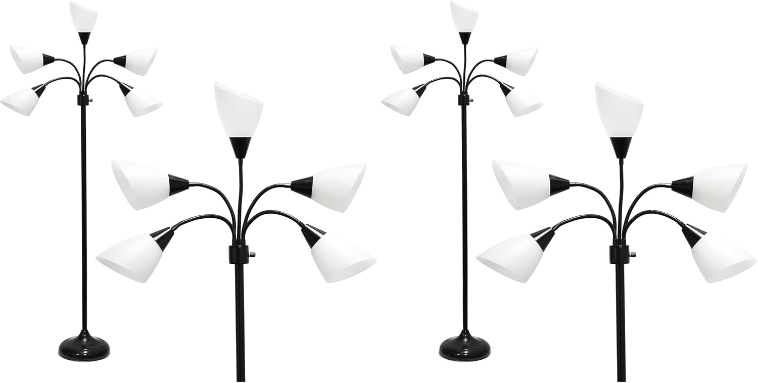Simple Designs LF2006-BAW 67' Contemporary Multi Head Medusa 5 Light Adjustable Gooseneck Black Floor Lamp with White Shades for Kids Bedroom Playroom Living Room Office (Pack of 2)