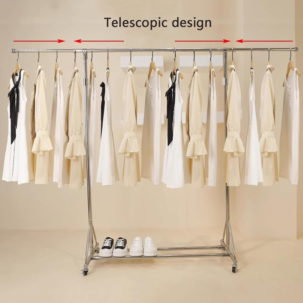 Heavy Duty Coat Rack, Garment Rack 304 Stainless Steel Clothes Rail on Wheels, Extendable Hanging Rail Clothing Rack, Adjustable Height, 90 kg Load Capacity, Easy Assembly