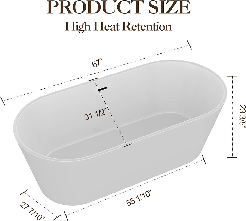 67-Inch Freestanding Acrylic Bathtub in White Finish | Chrome Drain & Overflow with Ergonomic Oval Design | Modern Soaking Tub for Family & Guest Bathrooms