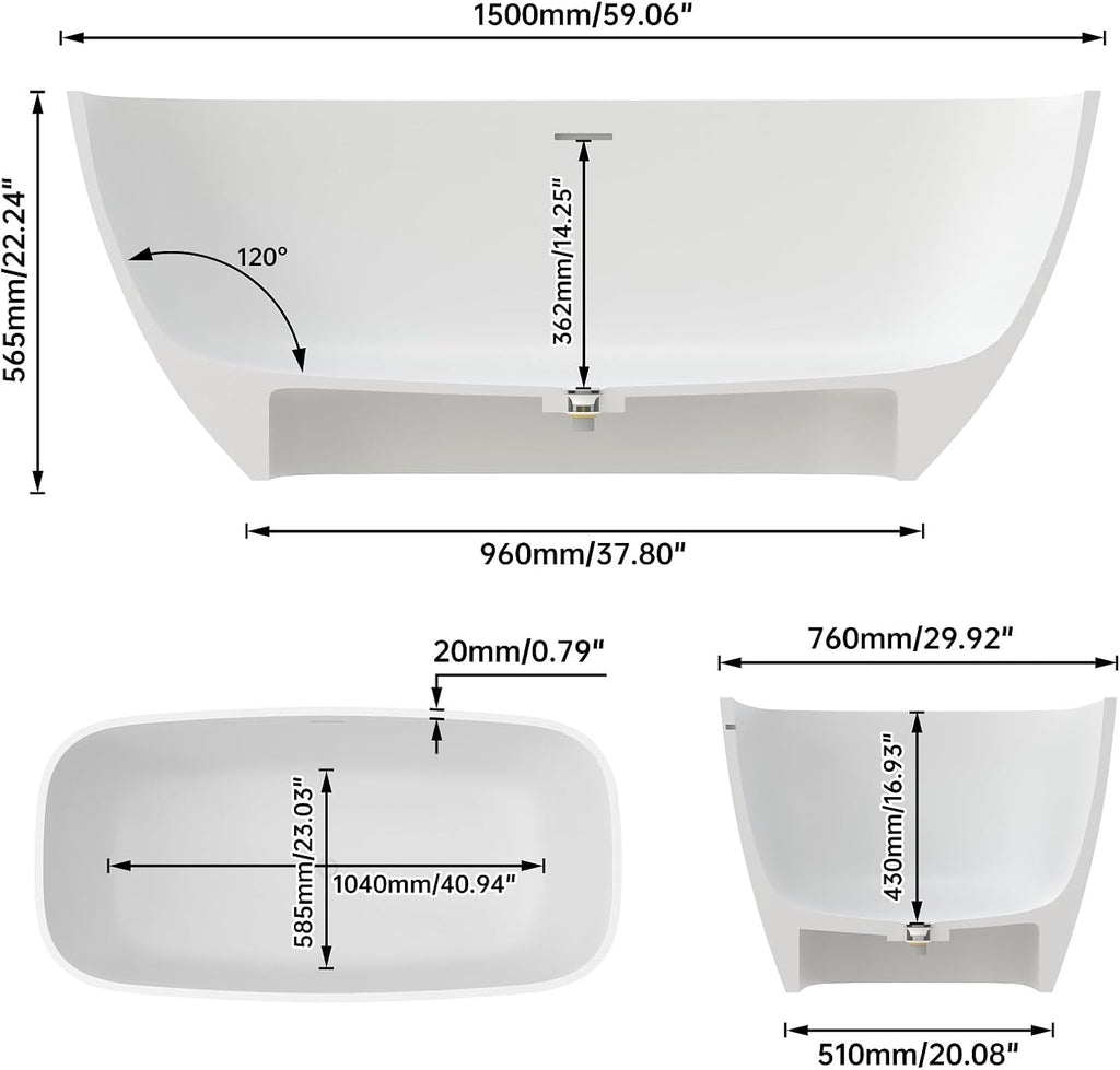 59' Premium Matte White Solid Surface Freestanding Bathtub, Upgraded Modern Design Stand Alone Bath Tub with Overflow and Pop-up Drain