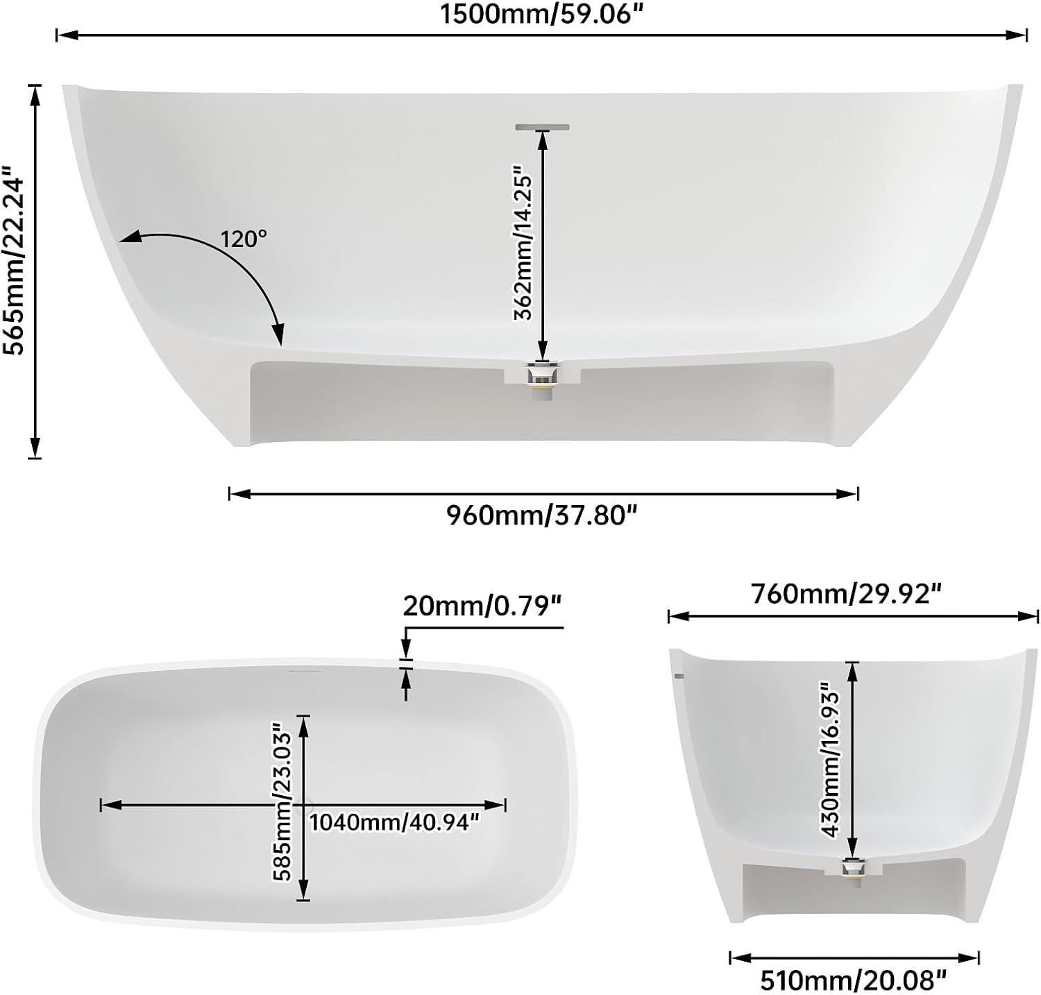 59' Premium Matte White Solid Surface Freestanding Bathtub, Upgraded Modern Design Stand Alone Bath Tub with Overflow and Pop-up Drain