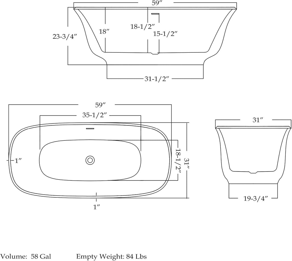 Elegance 59 in. L x 31 in. W x 23-5/8 in. H Freestanding Acrylic Bathtub, White Drain