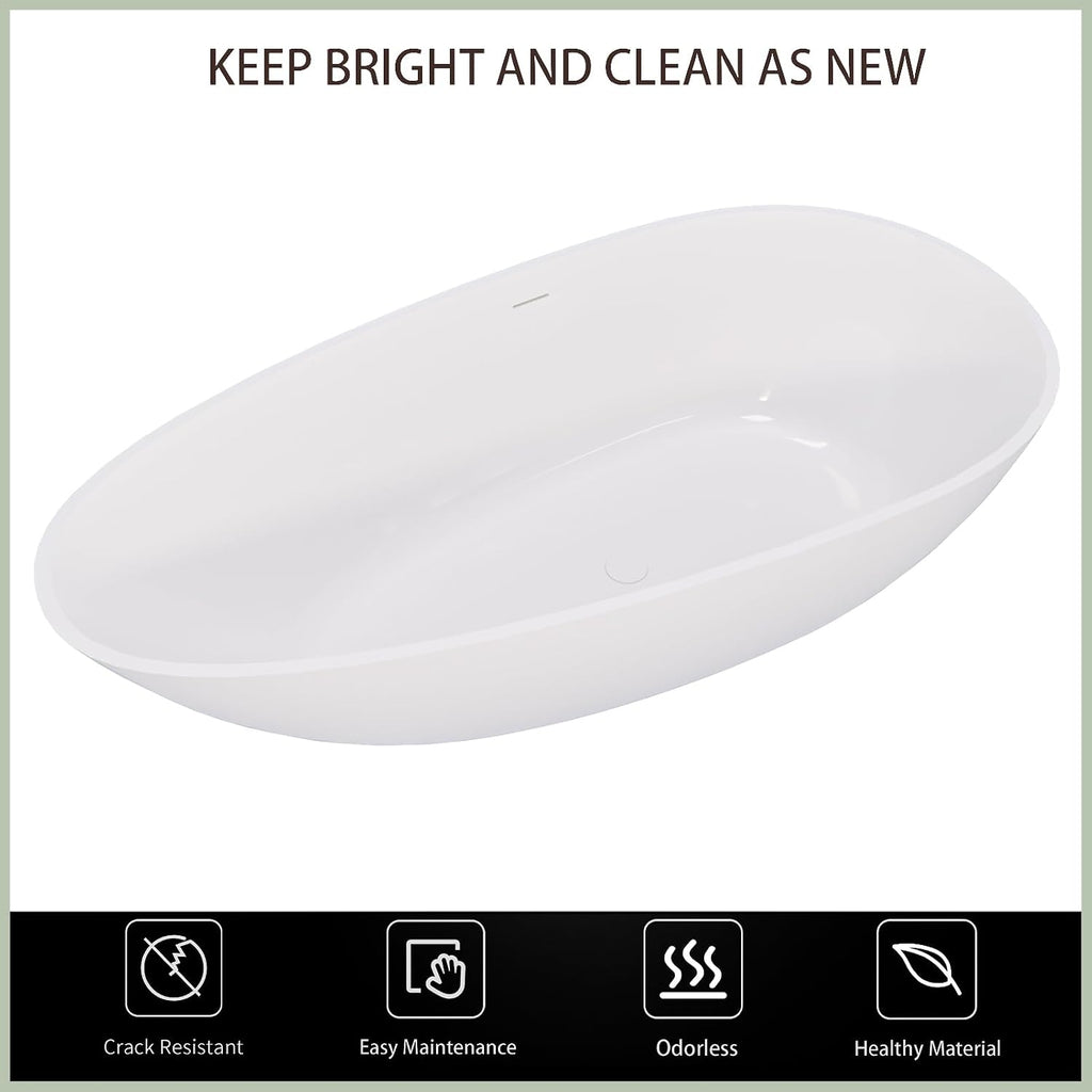 59' Solid Surface Bathtub Modern Glossy White Stone Resin Stand Alone Soaking Tub Luxury Handcrafted Oval Bath Tub with Overflow and Pop-Up Drain for Bathing