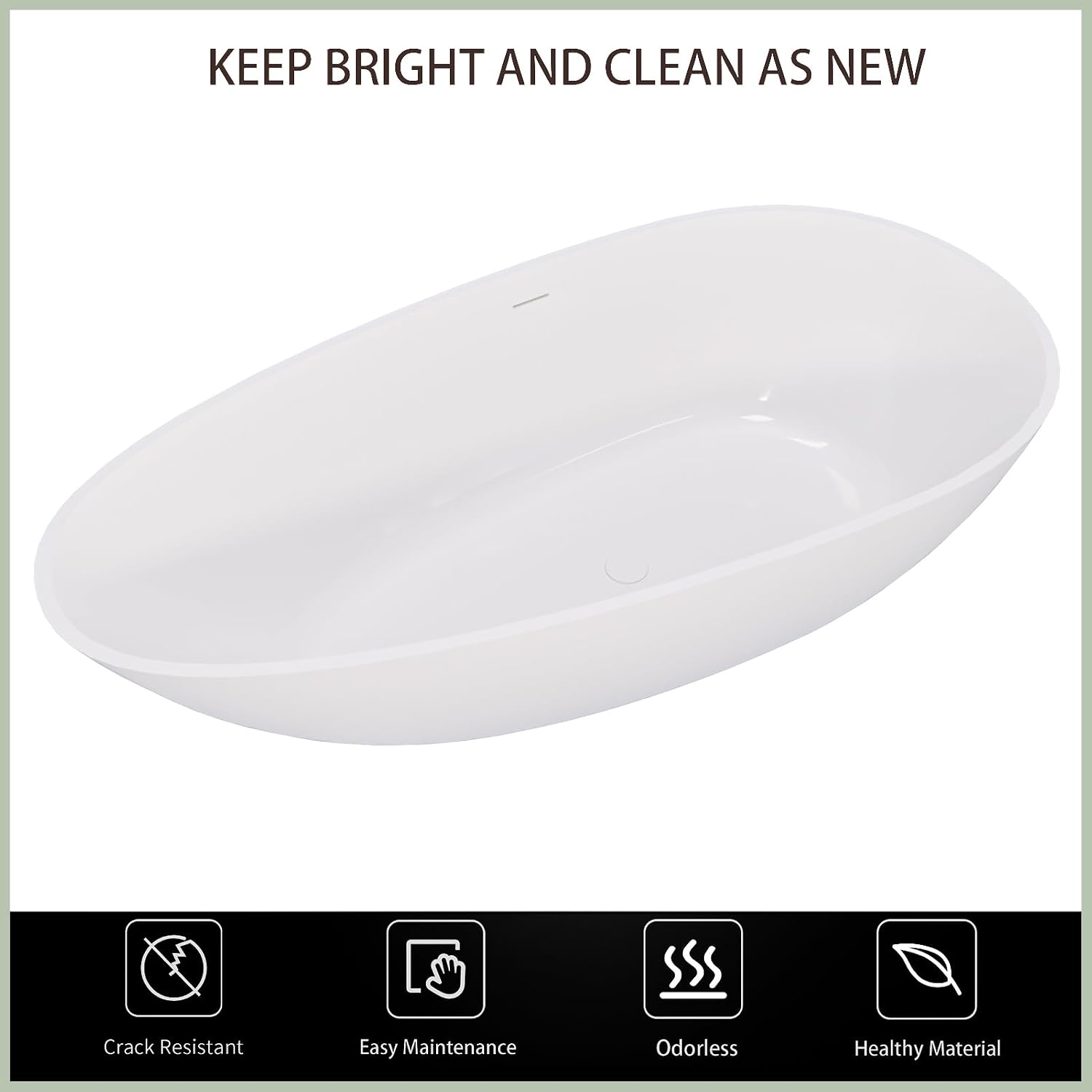 59' Solid Surface Bathtub Modern Glossy White Stone Resin Stand Alone Soaking Tub Luxury Handcrafted Oval Bath Tub with Overflow and Pop-Up Drain for Bathing