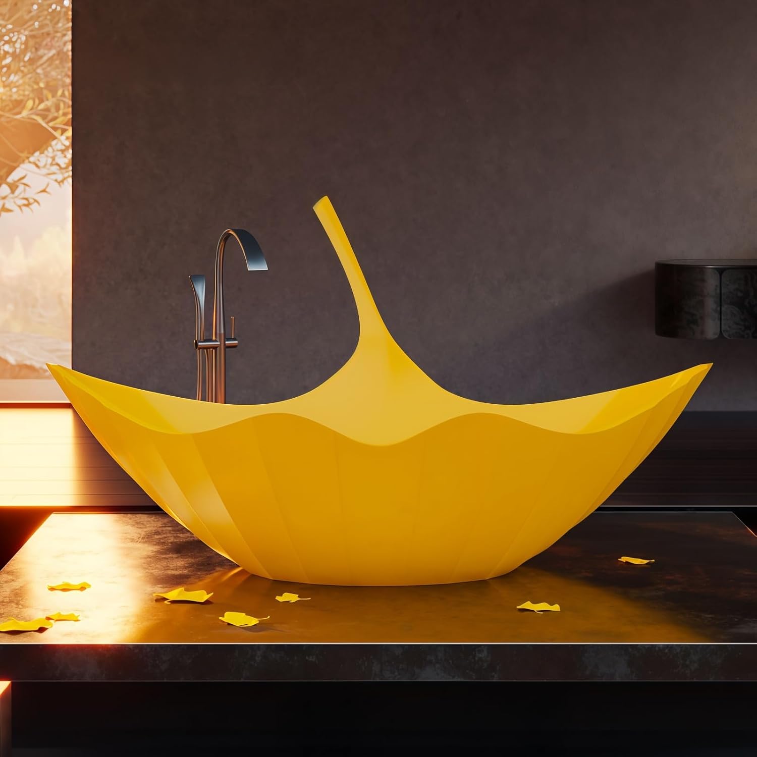 67' Luxury Freestanding Bathtub - Ginkgo-Leaf Soaking Tub with Deep Immersion, Heat-Retaining Resin Construction, Seamless Design, and Artistic Solid Surface Bathtub Craftsmanship Yellow