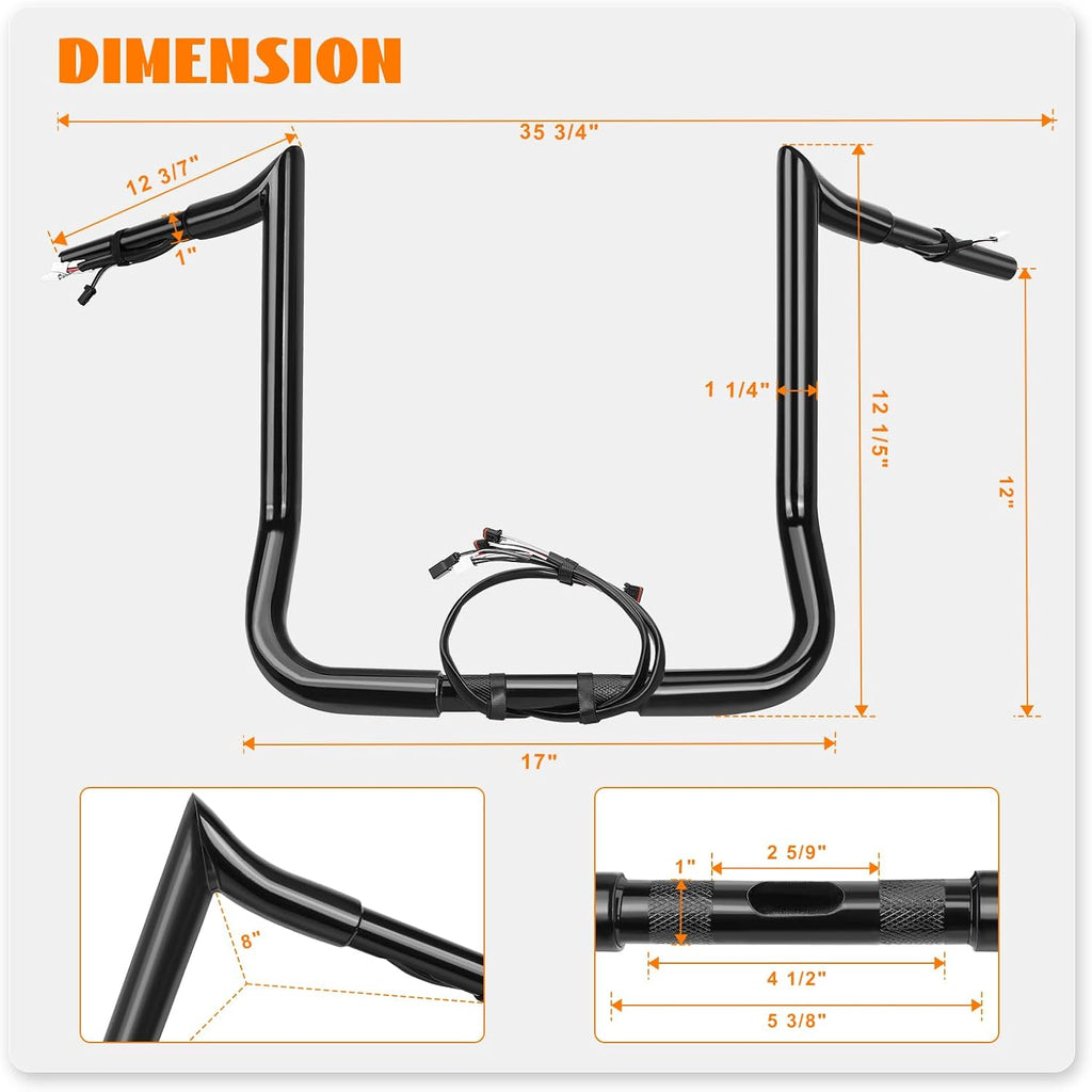 12' Rise Pre-Wired Ape Hangers Handlebars 1 1/4' Fat 1' Clamp Meathook Monkey Bar Gloss Black Fit for Harley Touring Miter Cut 2013 Cvo 2016-2023 Street Glide Electra Glide Ultra Limited