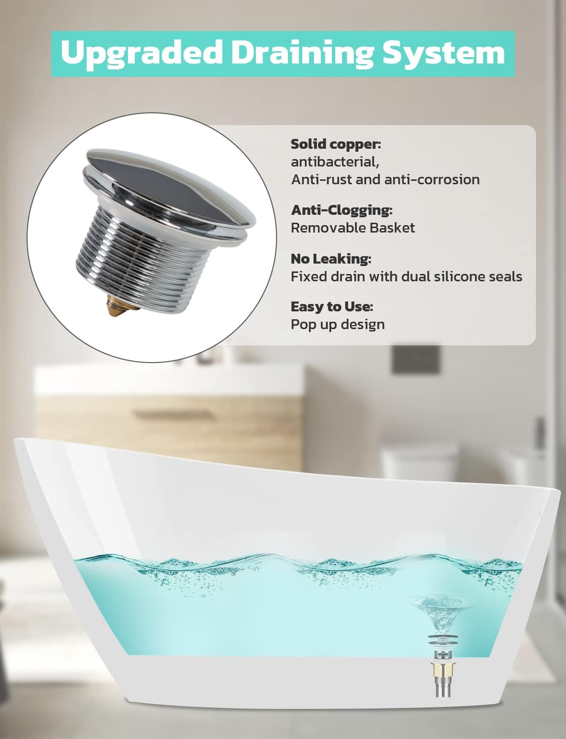 Zevemomo 59 inch Freestanding Bathtub, Acrylic Free Standing Soaking Bathroom Tub with Brushed Nickel-Finished Overflow and Drain, Easy Installation, White