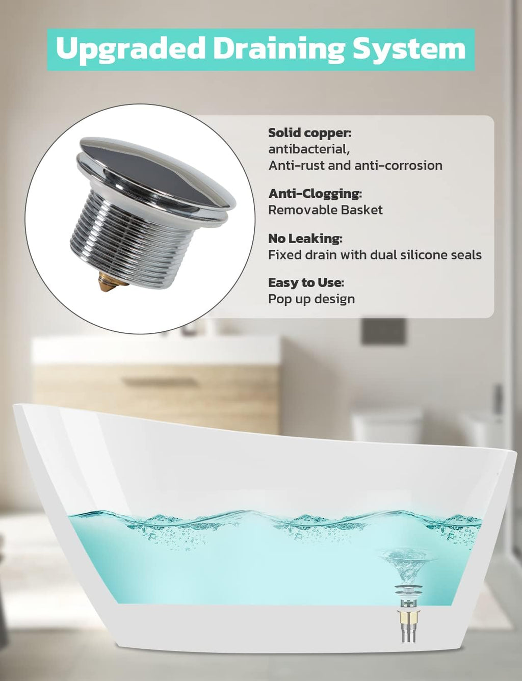 Zevemomo 59 inch Freestanding Bathtub with Non-slip Bottom Design, Acrylic Free Standing Soaking Bathroom Tub with Brushed Nickel-Finished Overflow and Anti-Clogging Drain, White