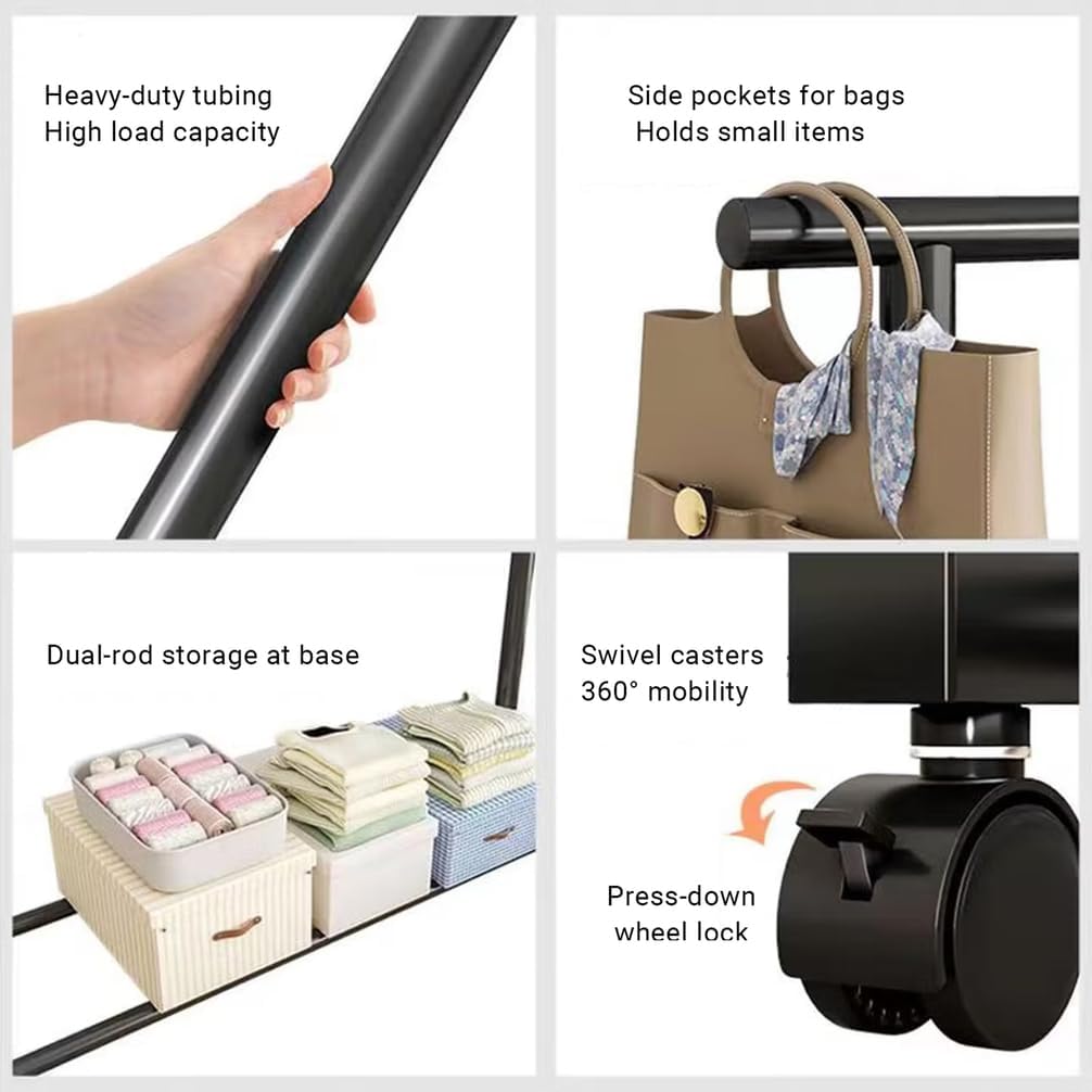 Mobile Clothes Rack - Bold Heavy Duty Rolling Garment Hanging Racks with Locking Wheels, for Bedroom, Closet, Laundry Room & Dorm,Gold,150CM