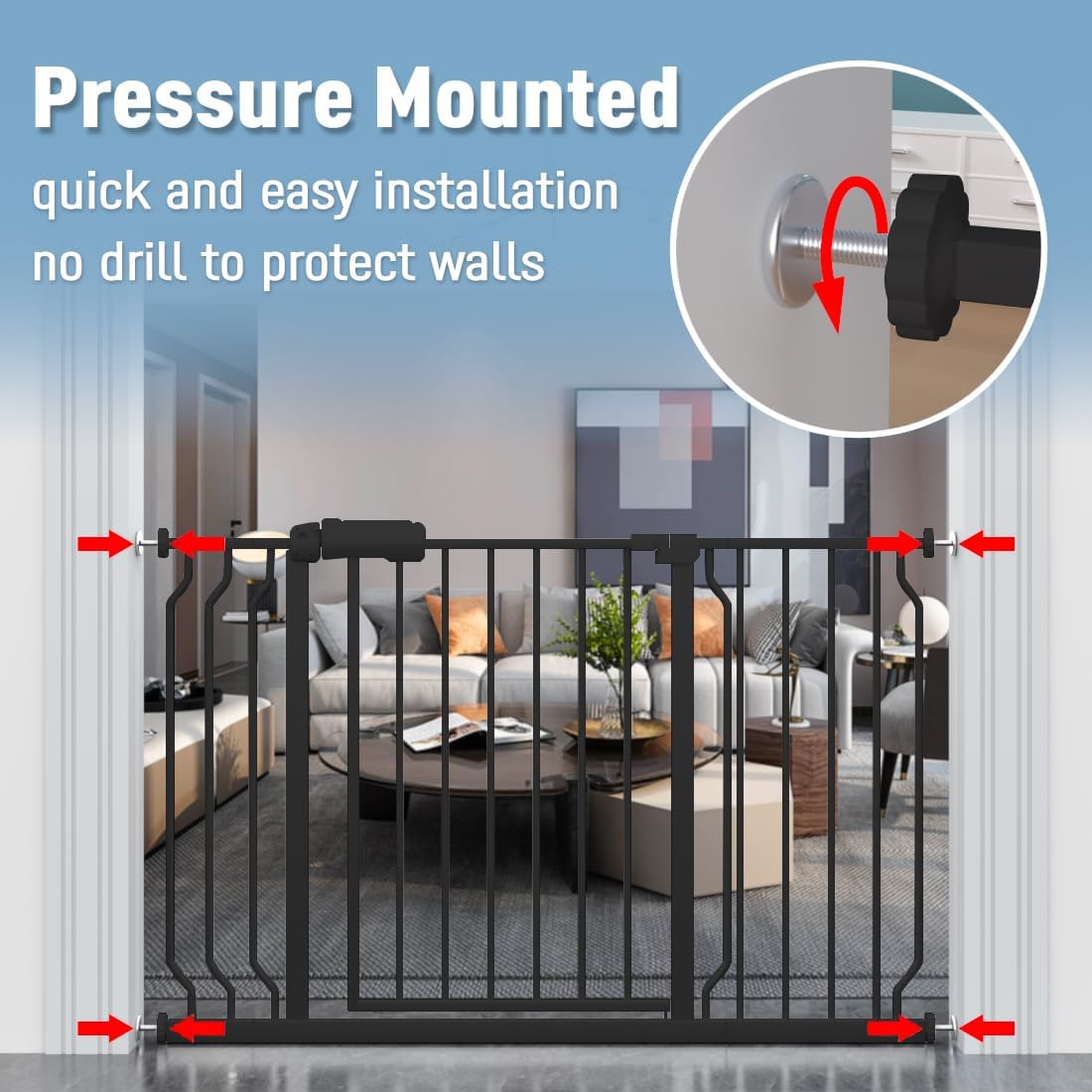 ALLAIBB Extra Wide Pressure Mount Baby Gate Auto Close Black Metal Child Dog Pet Safety Gates with Walk Through for Stairs,Doorways,Kitchen and Living Room (52.76-62.2'/134-158cm)